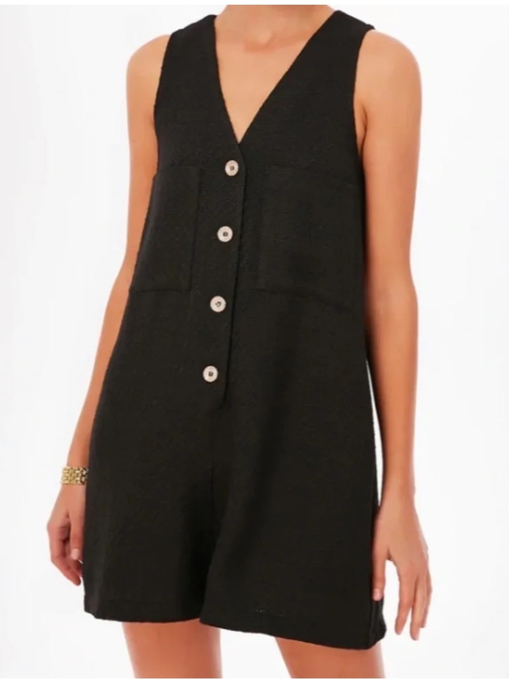 Tuckernuck Black V-Neck Sleeveless Button Romper